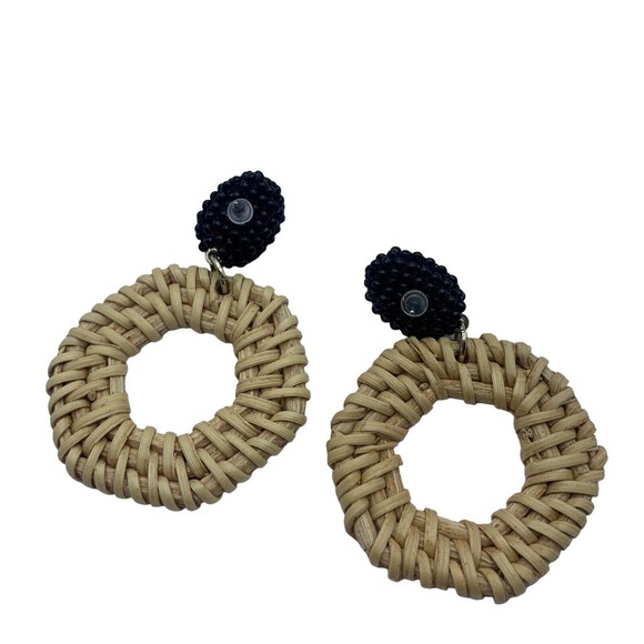 Rattan Dangle Hoop Earrings Boho Pierced Straw Wicker Braided Woven Earrings Tan - Picture 10 of 13